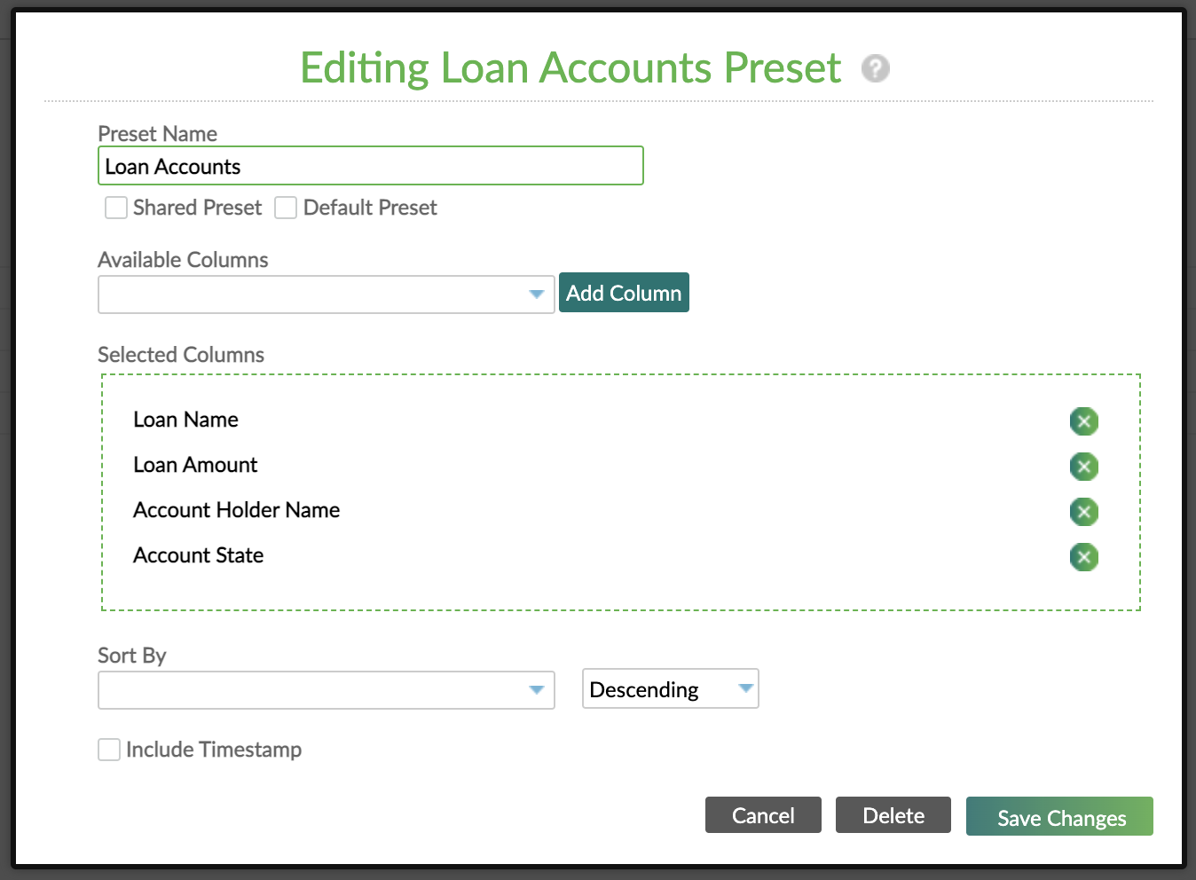 Edit Columns view with multiple sections and buttons like Cancel, Delete and Save Changes